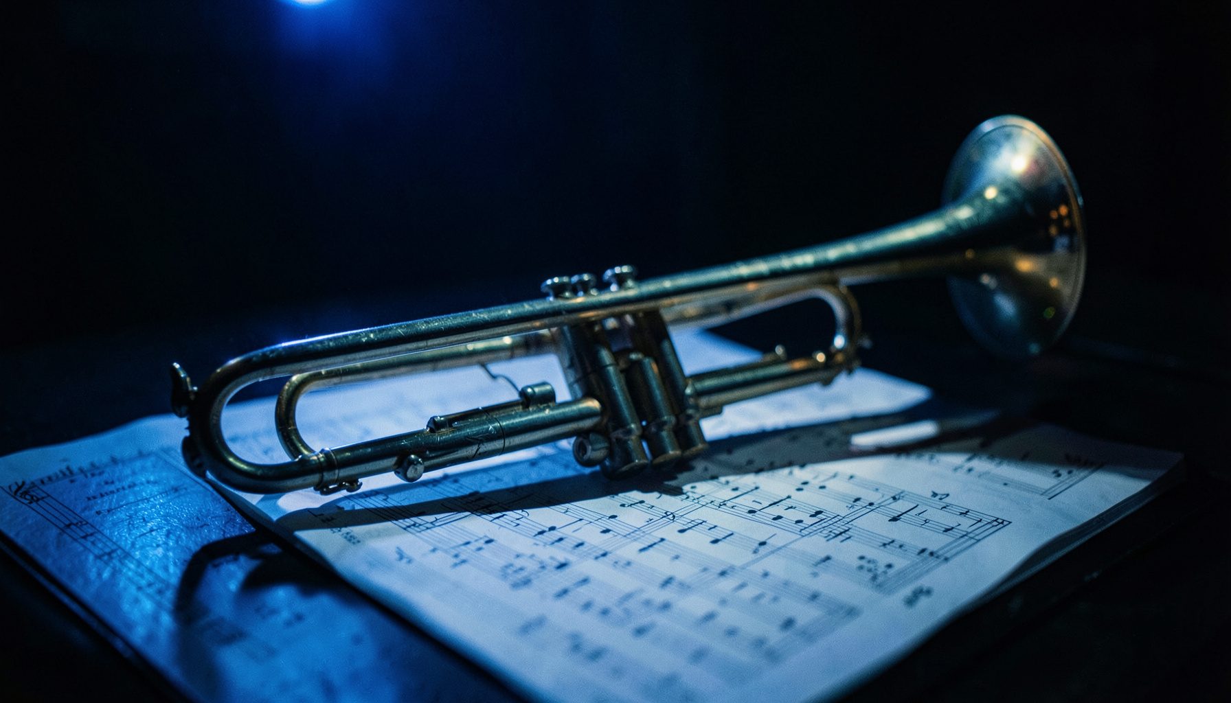 Trumpet resting on sheet music under dim blue stage lighting