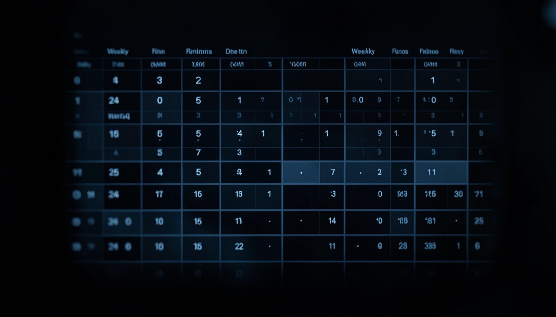 Weekly radio schedule grid on a dark background with soft blue accent lighting, clean and modern