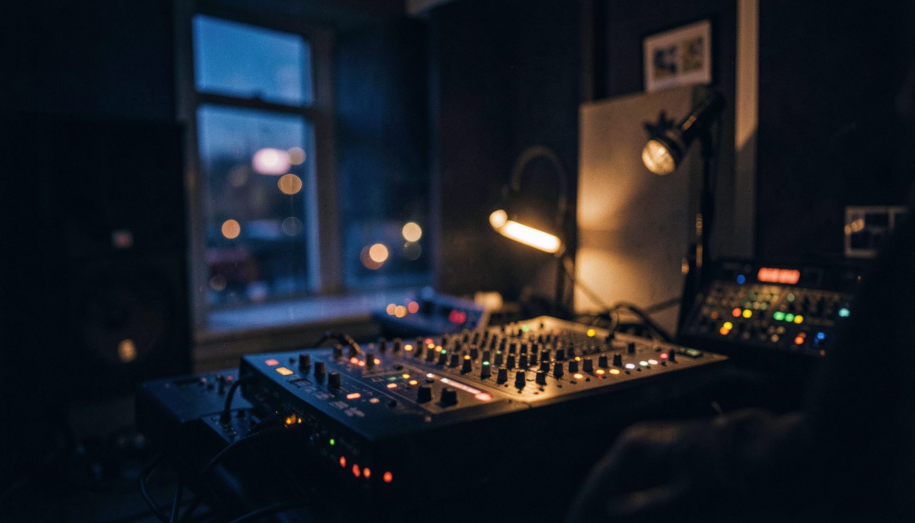 Warm atmospheric scene of a jazz radio studio at dusk with deep indigo and amber tones