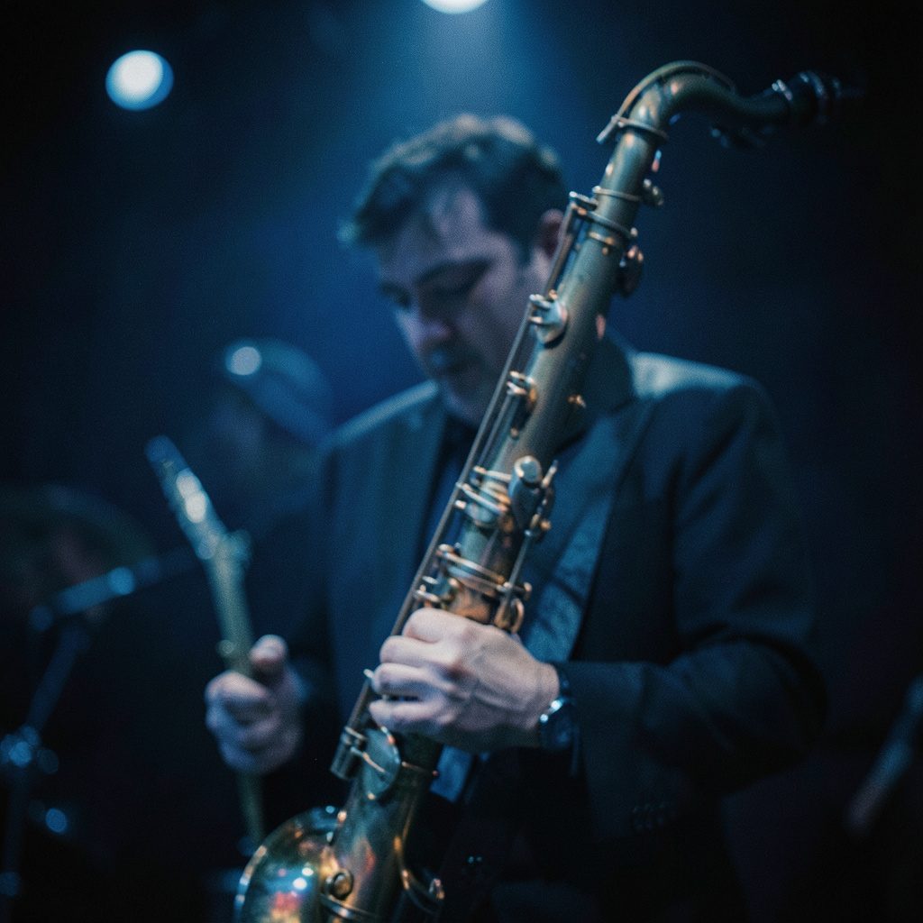 Jazz inside magazine style artwork in deep blue tones
